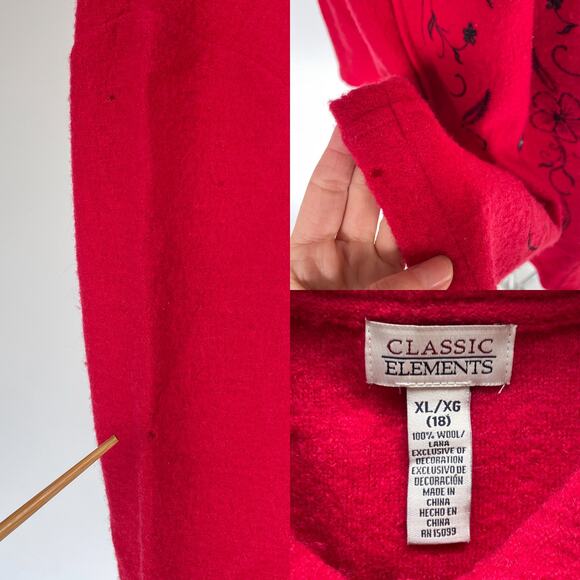 Y2K Red Wool Embroidered Knit Trench Coat  / Sz XL / Boho Long Sweater Felted - Picture 8 of 9